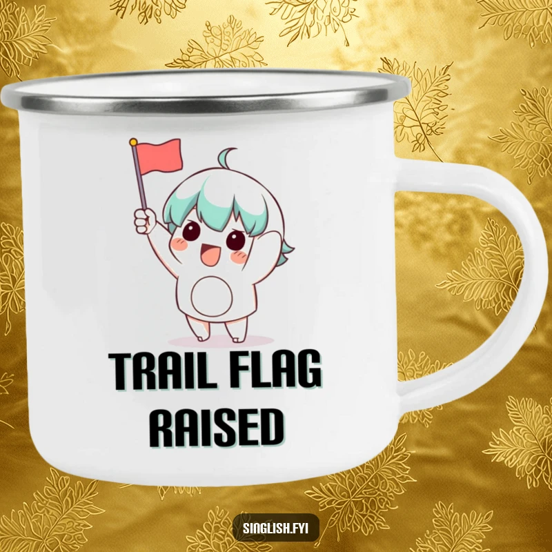 Funny Waving Flag Camping Mug: A durable mug with a character excitedly waving a small flag, perfect for camping trips and celebrations.