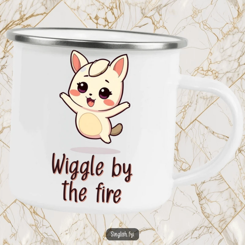 Funny Camping Mug: A character wiggles energetically, perfect for adventures. Humorous and robust.