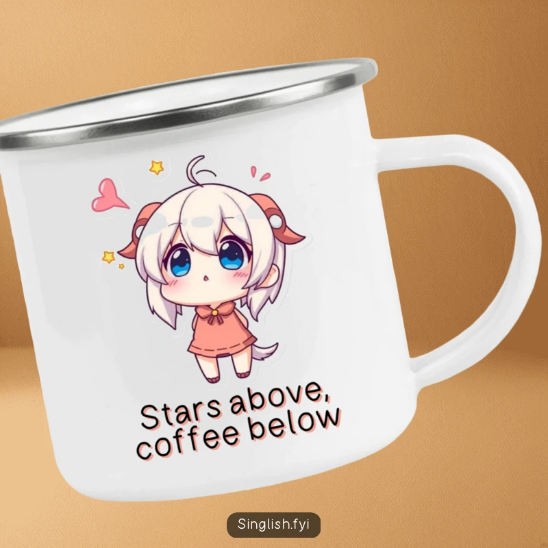 Funny Camping Mug: A character looks up with wonder and excitement. Perfect for outdoor adventures. Humorous.