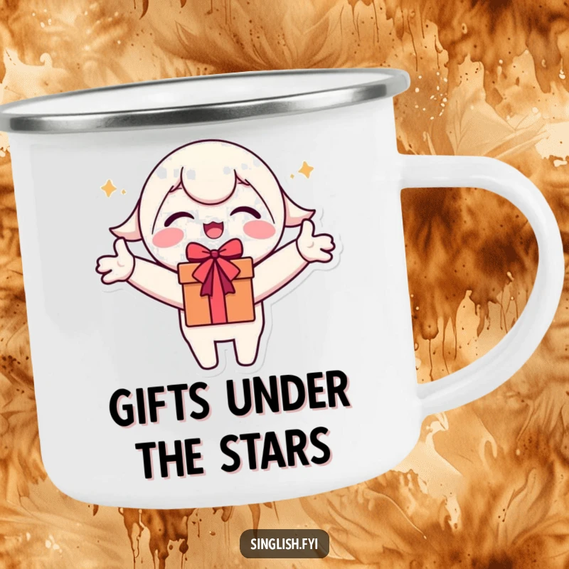 Funny Camping Mug: Cute character with arms outstretched, comically ready for adventure and gifts.