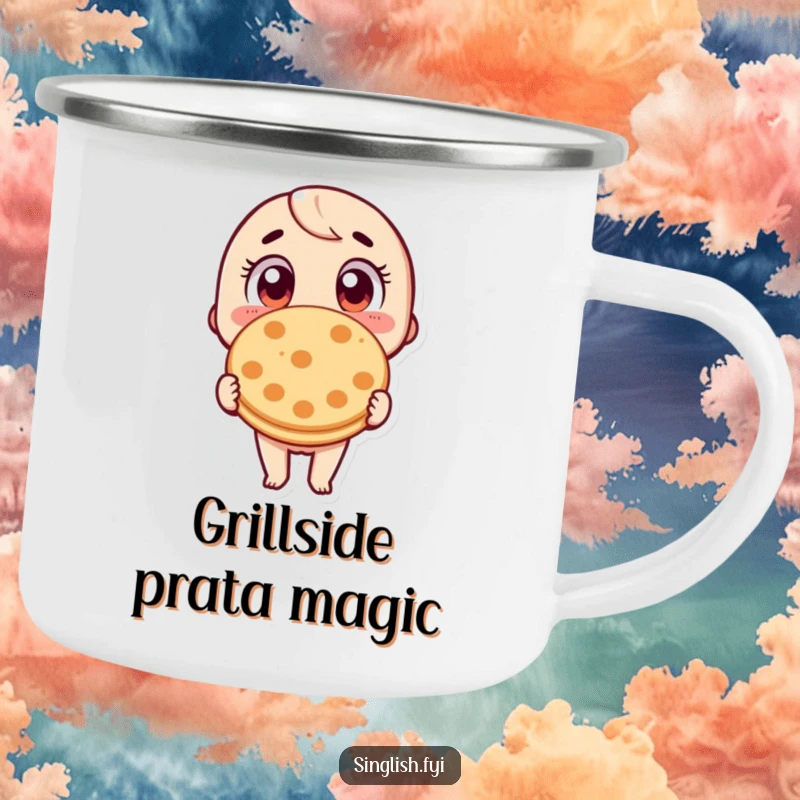 Funny Roti Prata Camping Mug: Sturdy enamel mug with a character with wide eyes, holding a roti prata, great for foodie outdoor moments.