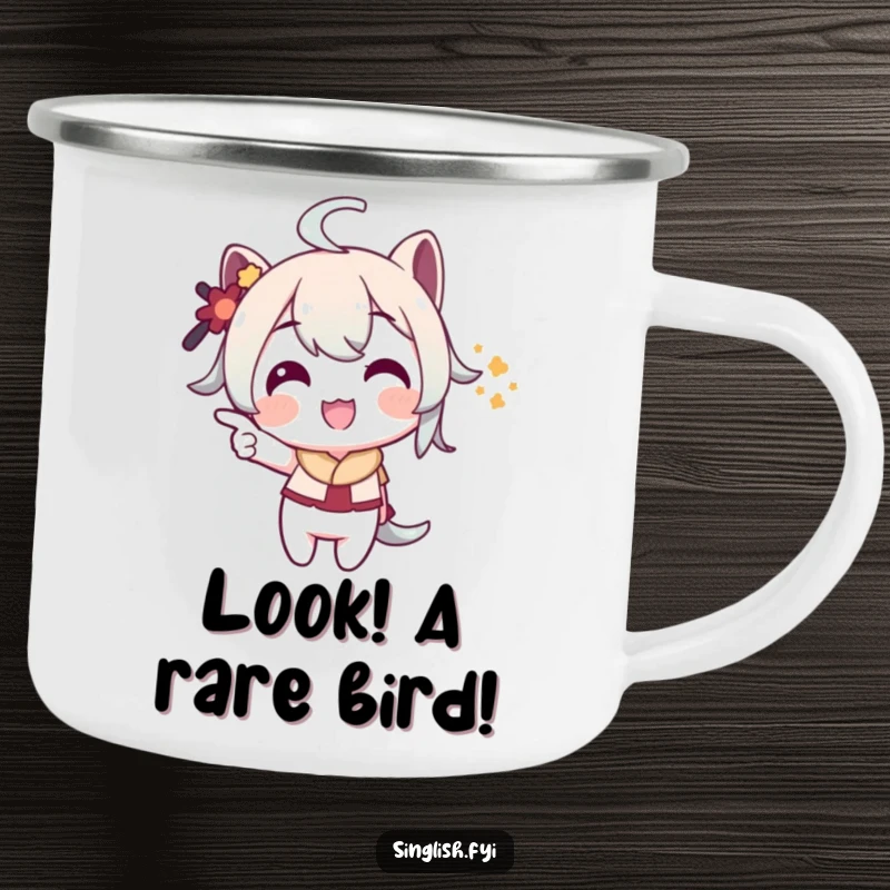 Funny Pointing Camping Mug: A character playfully points with a grin, ready for discovery on this funny enamel mug.