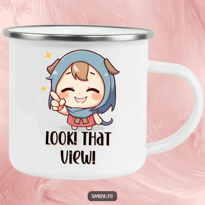 Funny Pointing Character Camping Mug featuring a grinning character playfully pointing, perfect for cheerful outdoor contemplation and humor.