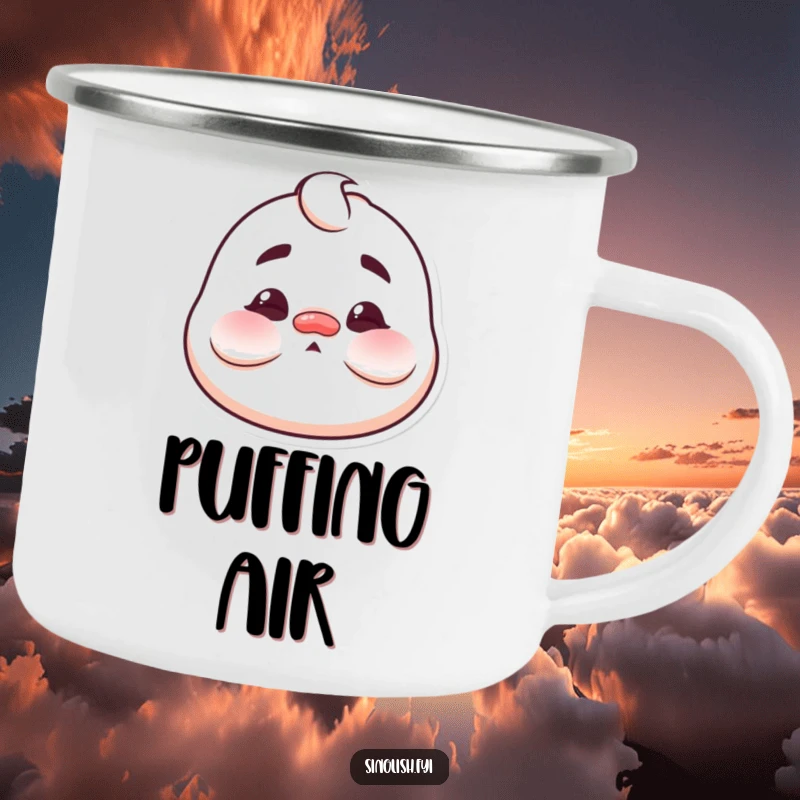Funny Puffed Cheeks Camping Mug featuring a character making a funny, exaggerated face with puffed cheeks, ideal for campfire silliness.