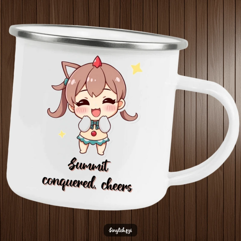 Funny camping mug with a character bowing triumphantly with a grin, ideal for outdoor celebrations and humor.