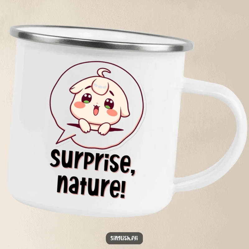 Funny Camping Mug: Cute character with a surprised expression popping out of a speech bubble, ready for outdoor fun. A humorous gift.