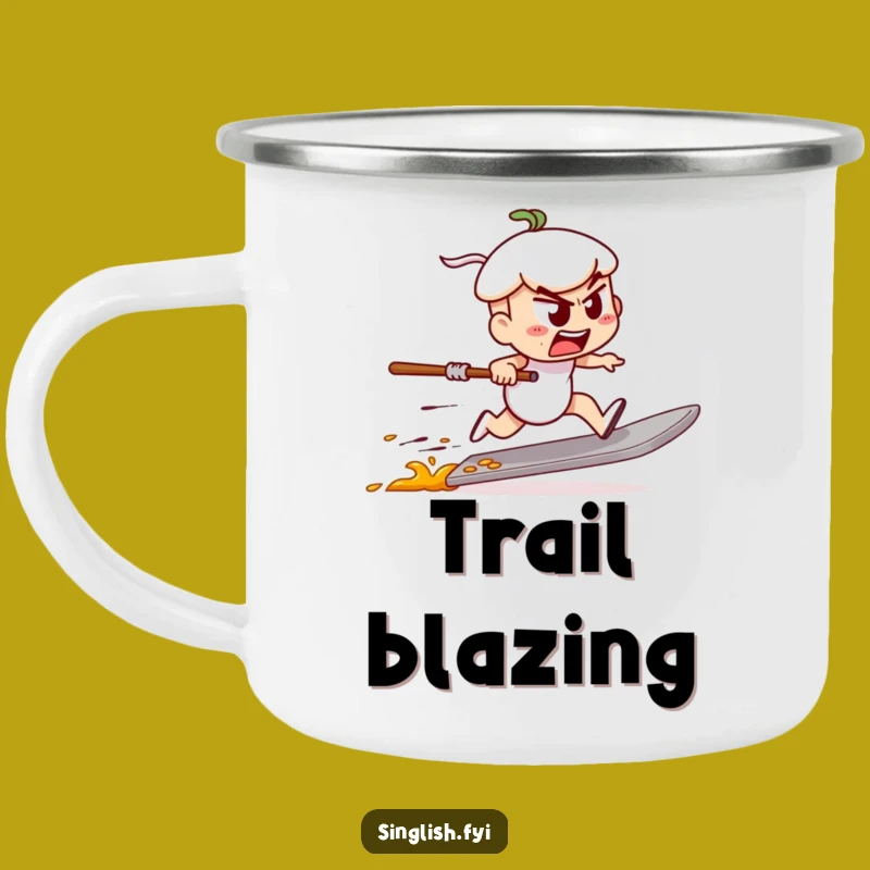 Funny Char Kway Teow Camping Mug - Spatula Racer Enamel Cup, Adventure Gift