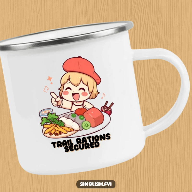 Funny foodie character camping mug showing excitement for food, perfect for outdoor use.