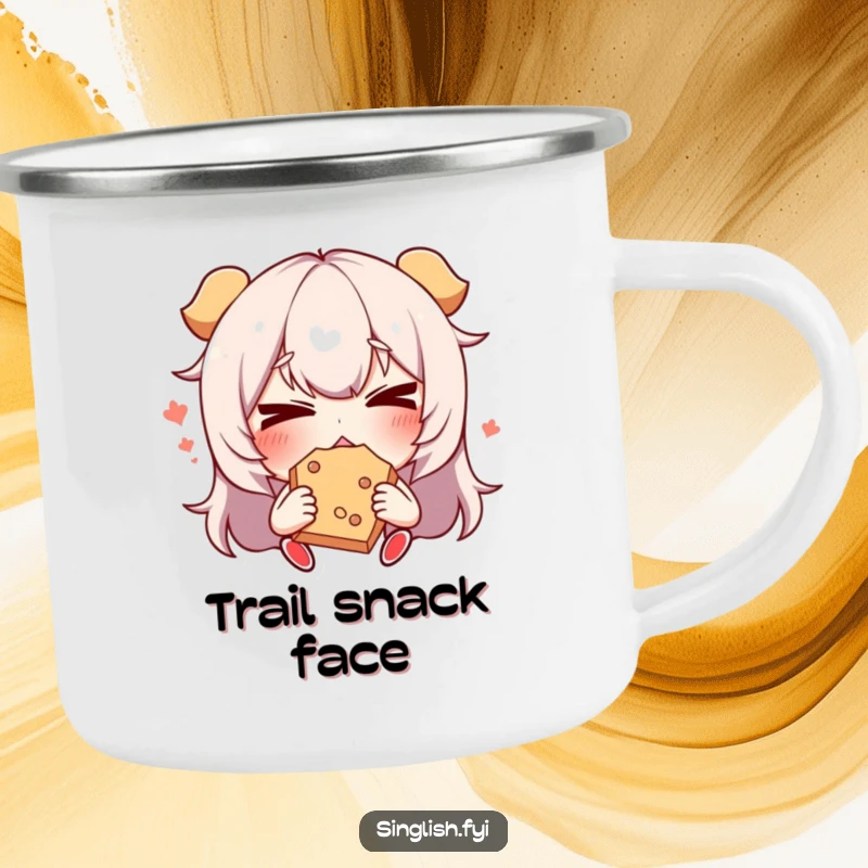 Funny Snack Face Camping Mug: A durable mug depicting a character making a funny face while eating a snack, perfect for outdoor enjoyment.