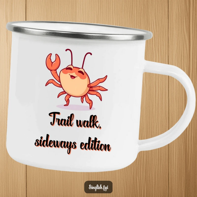 Funny chilli crab camping mug depicting a giggling character comically doing a sideways crab walk, perfect for outdoor enthusiasts.