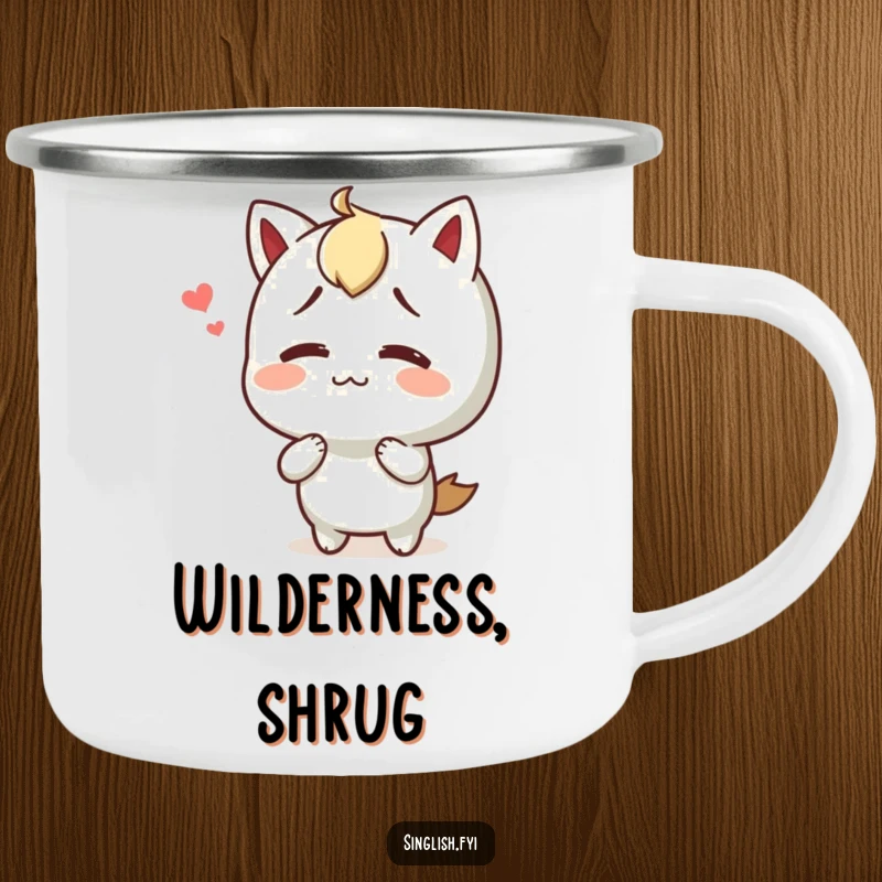 Funny camping mug with a character shrugging happily confused, ideal for outdoor use and humorous gifts.