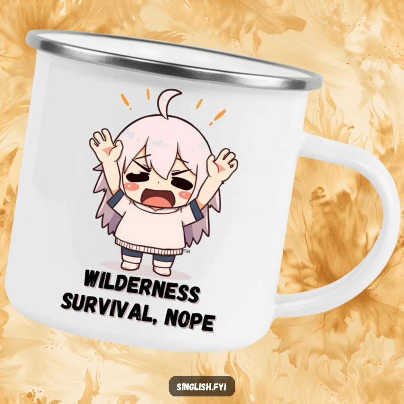 Funny camping mug featuring a character dramatically throwing hands up in mock exasperation, durable for adventures and humorous use.