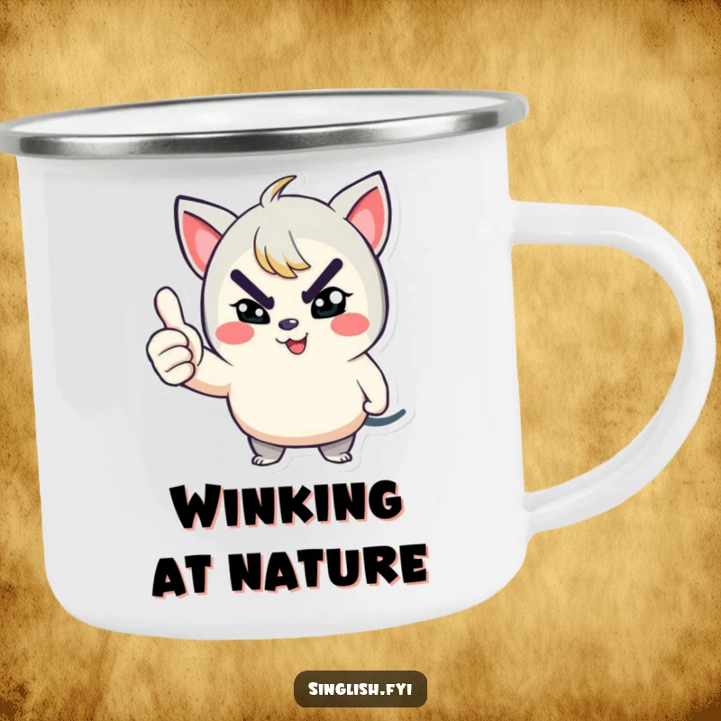 Funny camping mug depicting a playful character winking with a mischievous grin and giving a thumbs up, ready for action.