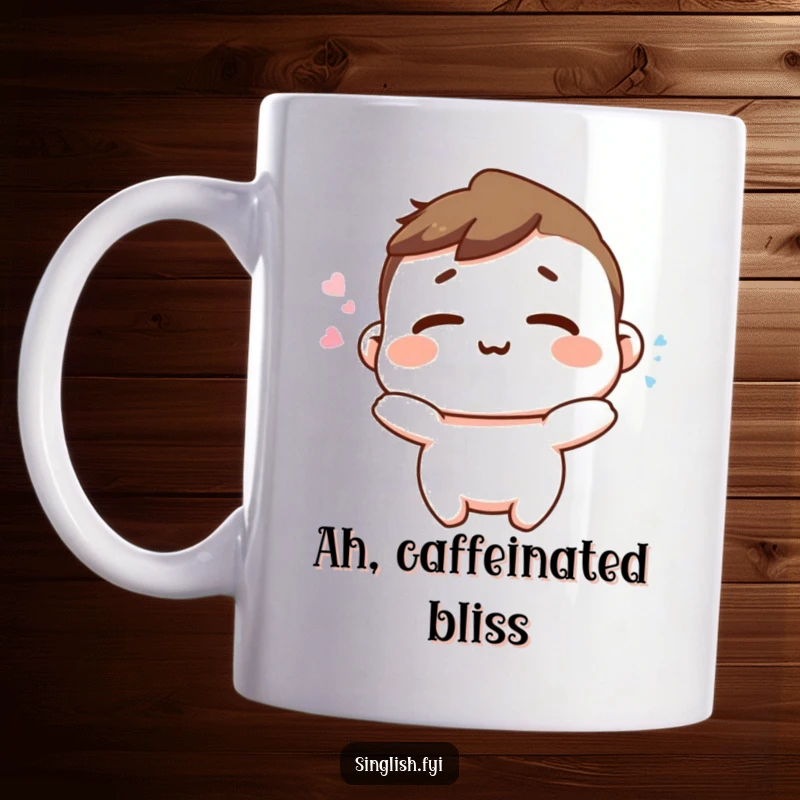 Funny Happy Sigh Mug: A character releasing a happy sigh, shoulders relaxed in a moment of pure contentment.