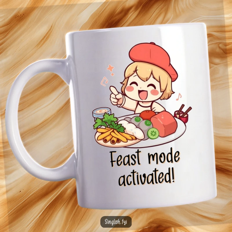 Funny foodie character mug excitedly pointing at a plate of delicious local food, celebrating culinary adventures.