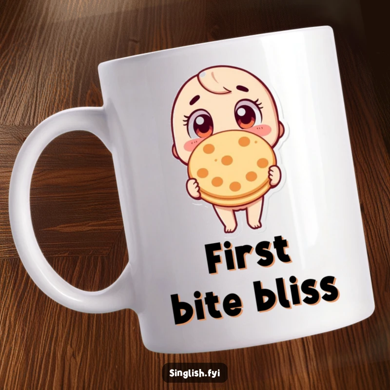 Funny Roti Prata Mug: Character with wide eyes, holding a single roti prata, expressing awe and delicious anticipation.