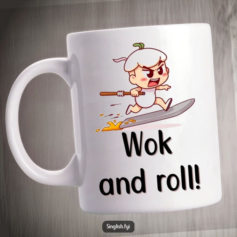 Funny mug featuring a determined char kway teow character speed racing on a spatula, embodying energetic food fun.