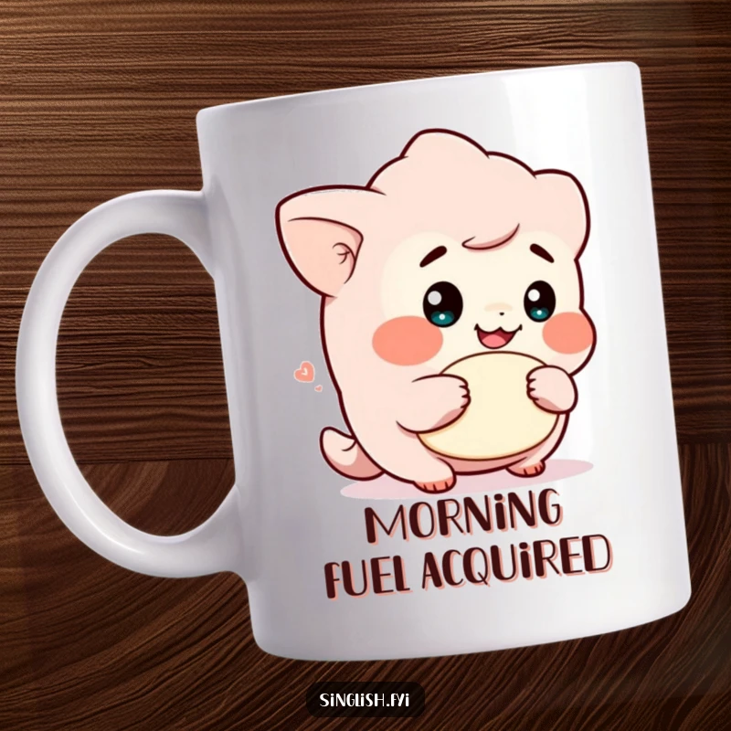 Funny mug showcasing a cute character with a cheeky grin, playfully holding a lah, radiating pure joy and mischief.