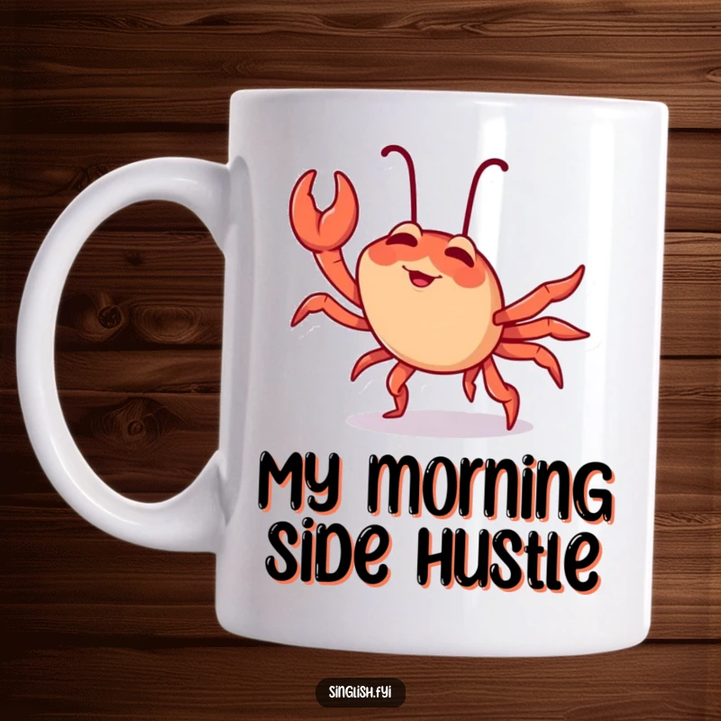Funny chilli crab mug featuring a giggling character comically attempting a sideways crab walk with pure joy and silliness.