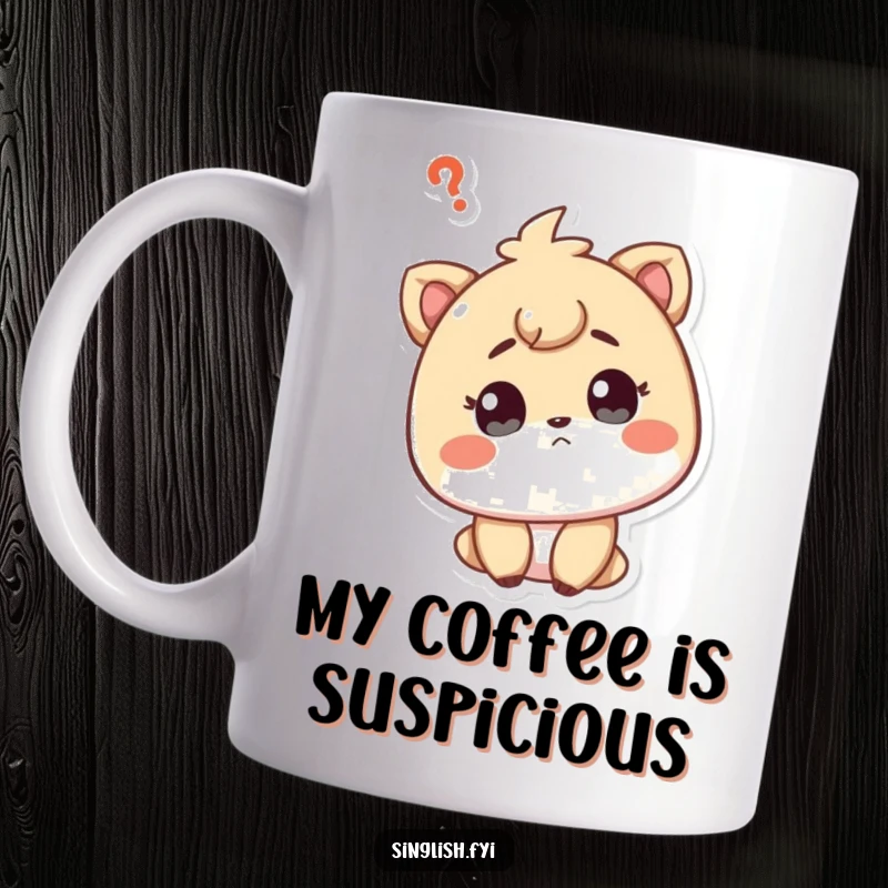 Funny mug featuring a curious character tilting their head with a questioning expression, pondering a mystery.