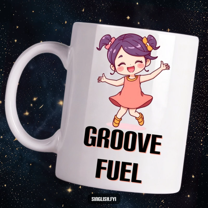 Funny character mug, joyfully dancing energetically with a carefree smile, radiating happiness and a love for movement.