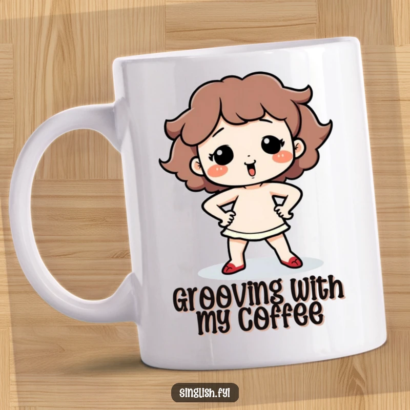 Funny Dancing Character Mug showing a cute character performing a silly dance with hands on hips, full of playful energy.