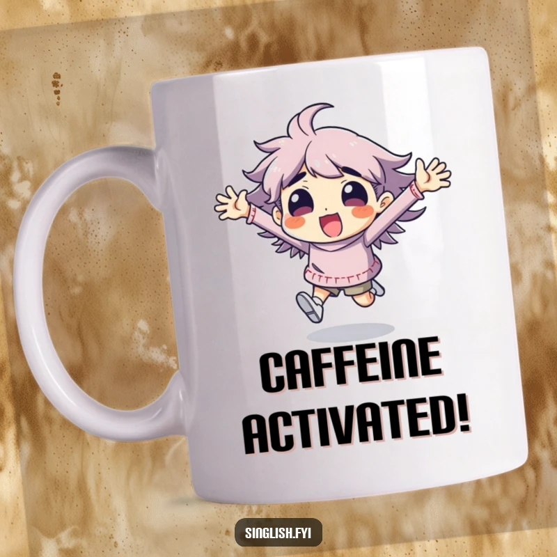 Funny character mug, wildly running with arms flailing in exaggerated, comical excitement, perfect for capturing pure enthusiasm.