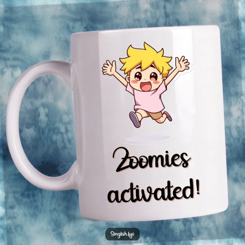 Funny Mug: A character runs with arms flailing in exaggerated excitement, radiating pure, uninhibited, and comical joy.