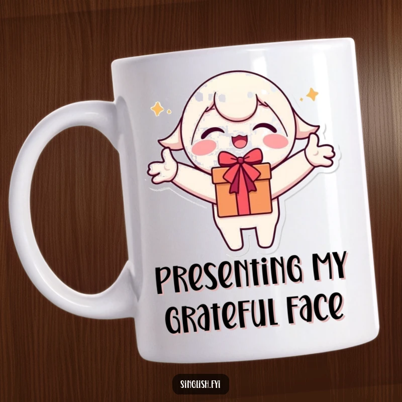 Funny Mug with a cute character, arms wide open, comically excited to receive a gift with pure joy.
