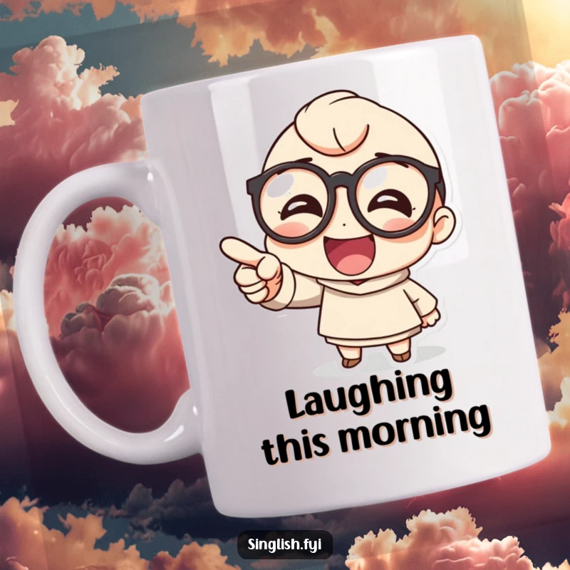 Funny mug shows a cute character wearing large round glasses pointing and laughing heartily with a joyous expression.
