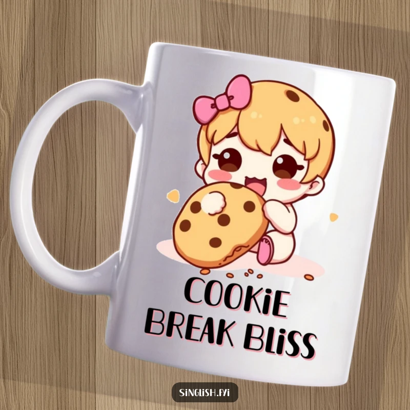 Funny Cookie Muncher Mug: A cute character happily eating a cookie, with crumbs falling, embodying pure treat enjoyment.