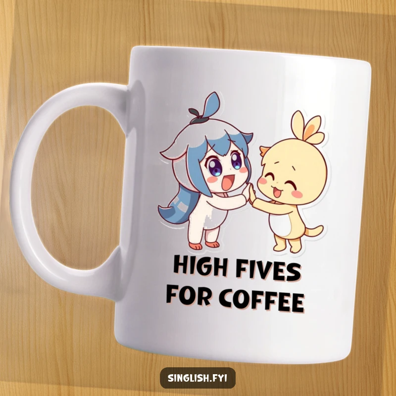 Funny Mug shows two delighted characters with wide eyes joyfully high-fiving, representing camaraderie and shared success.