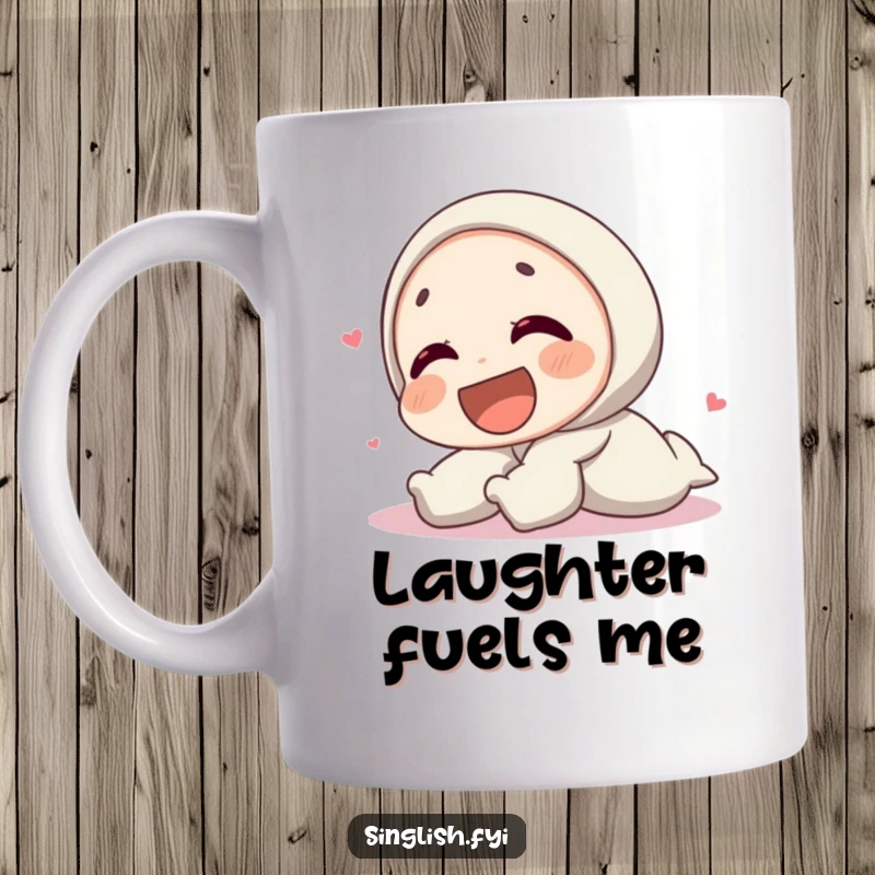 Funny mug featuring a character on the ground, laughing uncontrollably with pure, unadulterated joy and humor.