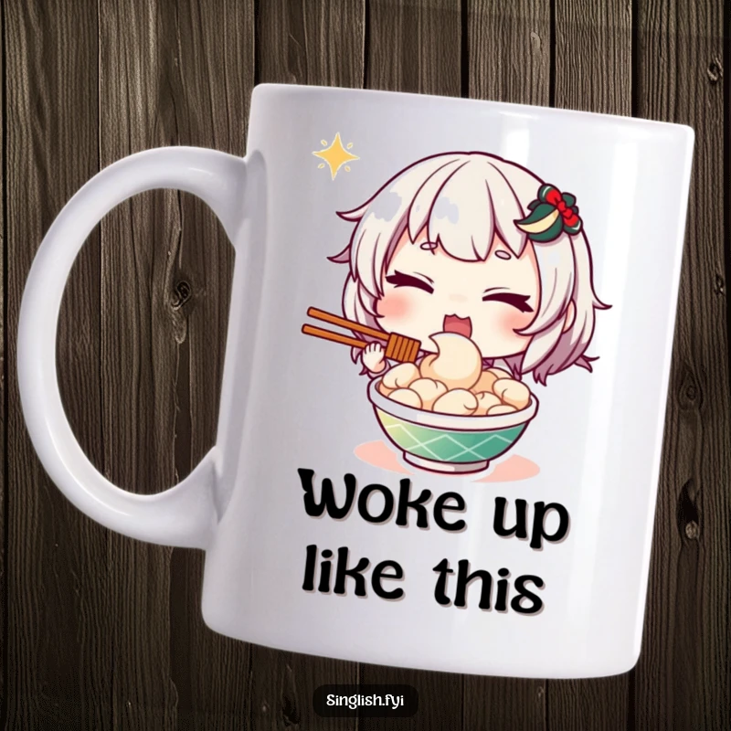 Funny mug featuring a character winking playfully while holding a delicious plate of mee goreng, noodles spilling slightly, full of mischief.