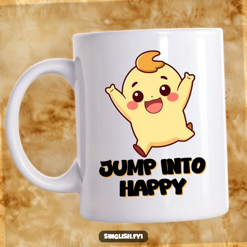 Funny Playful Jump Mug: A character captured mid-air doing a joyful, playful jump with a wide, happy smile, conveying pure delight.