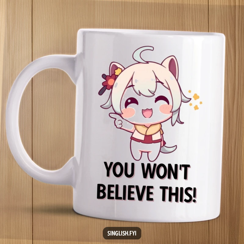 Funny Pointing Character Mug: A character playfully points with a wide grin, inviting curiosity about an unseen object.