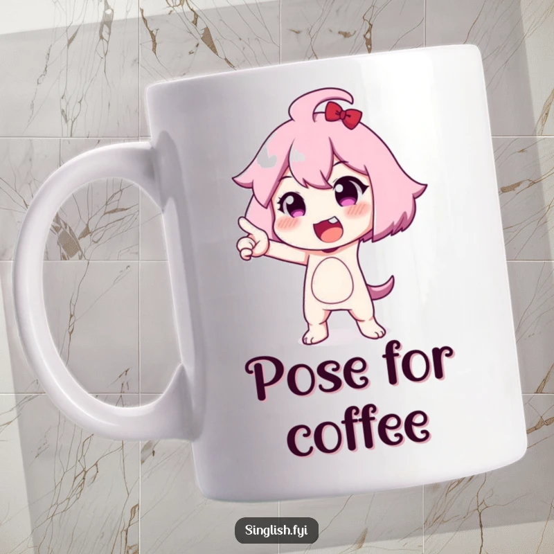 Funny mug with a cute character striking a hilarious, exaggerated pose, showcasing a comical and attention-grabbing stance.