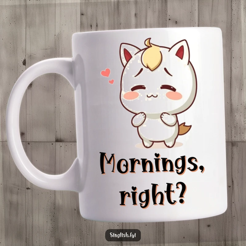 Funny mug with a character shrugging with a happy yet confused expression, ideal for relatable humor and gifts.