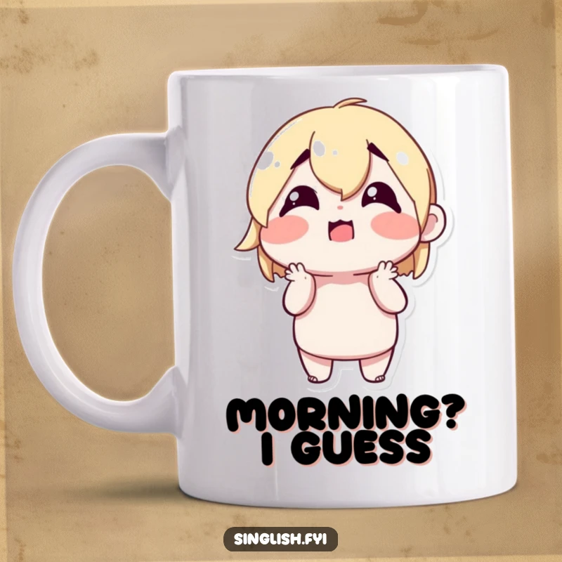 Funny Shrugging Character Mug showing a cute character shrugging with a confused but happy expression, embodying relatable uncertainty.