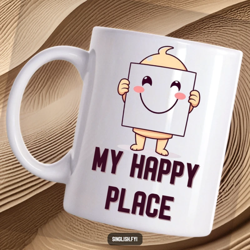 Funny character mug holding a big, cheerful smiley face sign, radiating happiness and positivity for a humorous gift.