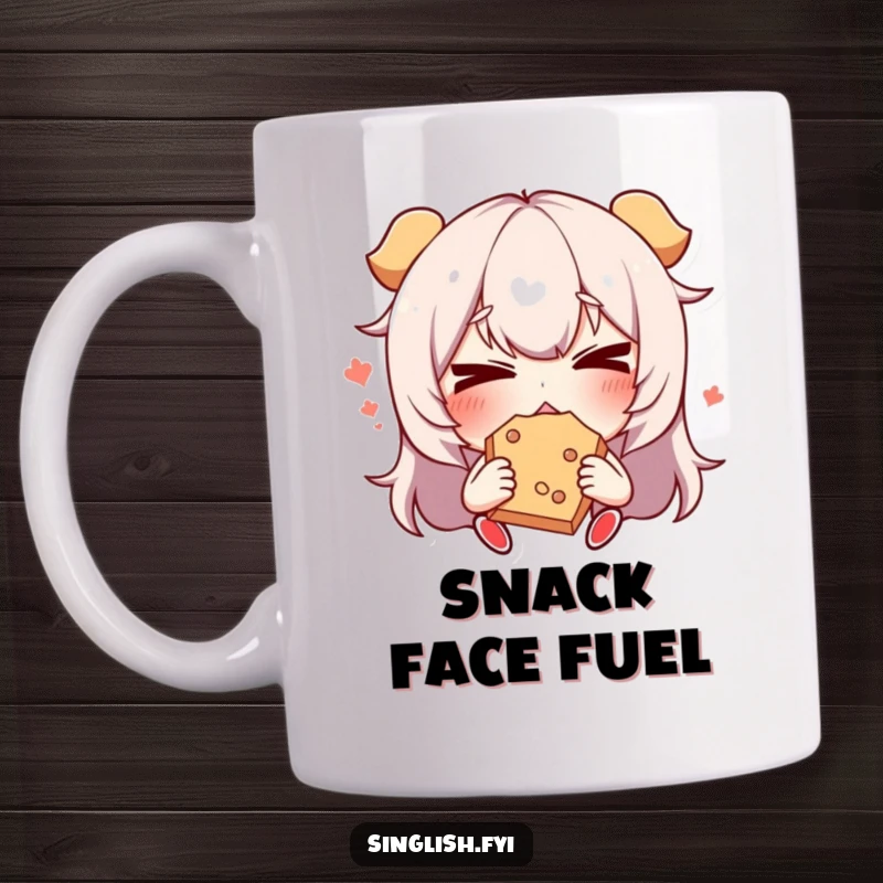 Funny Snack Face Mug: A character making a comically exaggerated funny face while devouring a snack, capturing a relatable moment of indulgence.