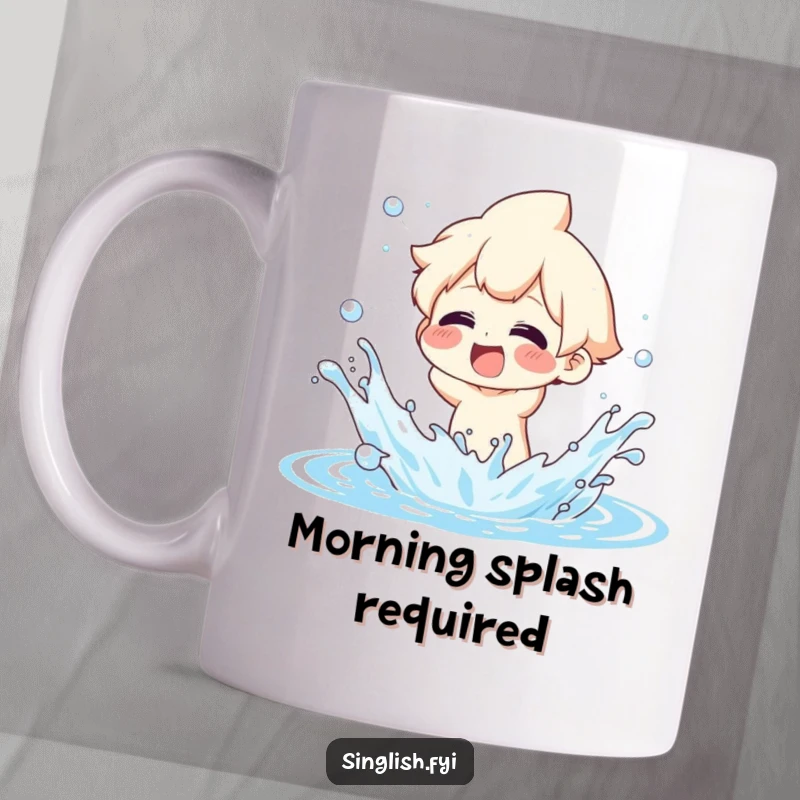 Funny Mug: Character playfully splashing water with exaggerated glee, radiating pure, unadulterated fun and joy.