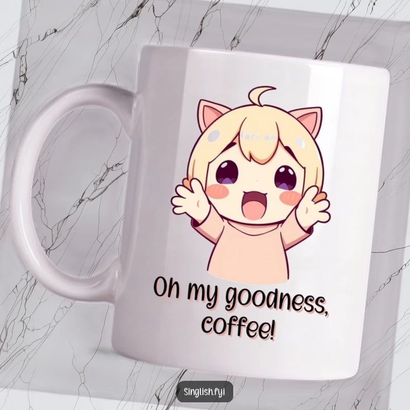 Funny Mug: A surprised character throws hands up in delight, expressing pure joy and excitement. Perfect hilarious gift.