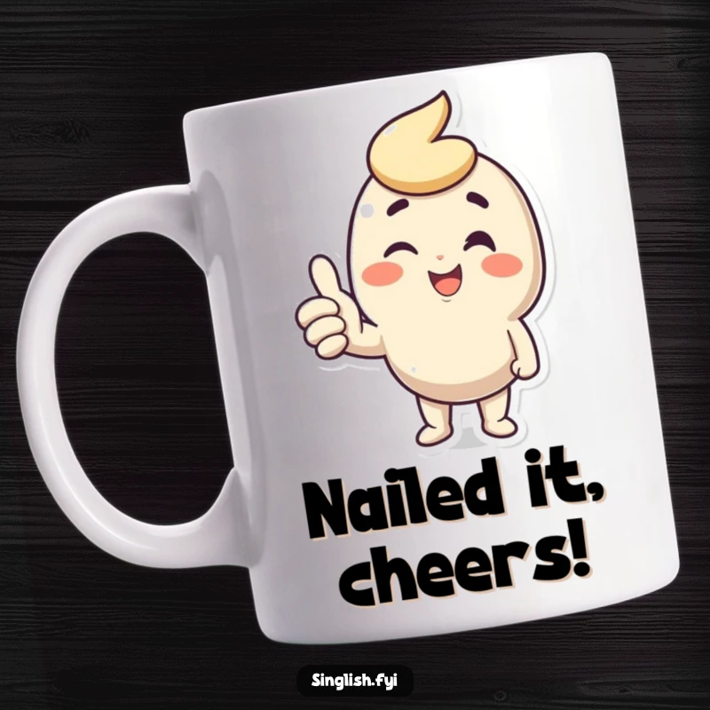 Funny Thumbs Up Wink Mug featuring a cheerful character giving a confident thumbs up and a playful wink, radiating positivity.