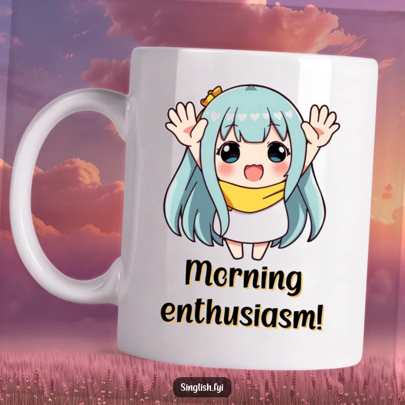 Funny mug with a character enthusiastically waving both hands overhead, expressing extreme joy, excitement, and a festive greeting.