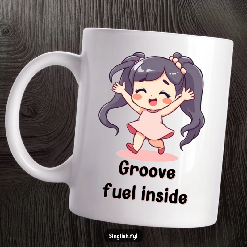 Funny Mug: A character dances energetically with a carefree expression, embodying pure, uninhibited, and comical joy.