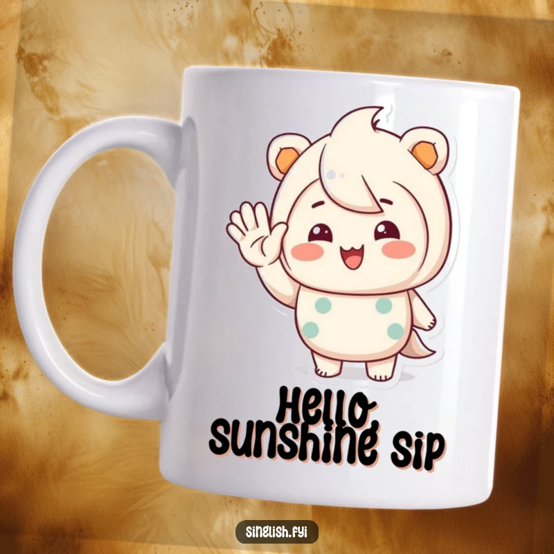 Funny mug with a character giving a friendly wave and a warm, inviting smile, perfect for cheerful greetings.