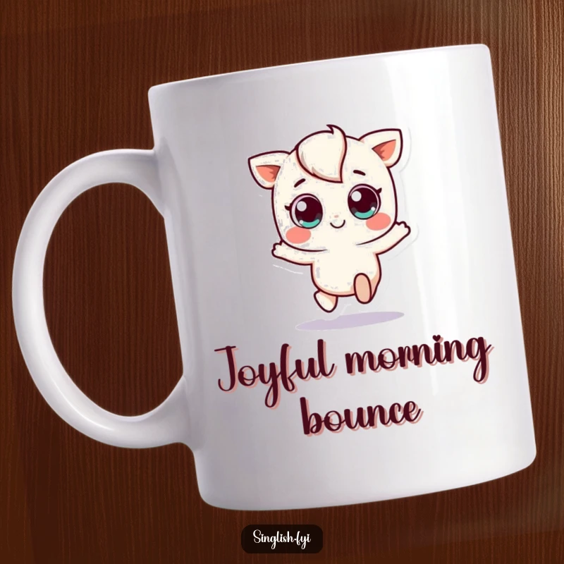 Funny mug showcasing a small character with huge, expressive eyes mid-hop, radiating infectious joy and playful energy.