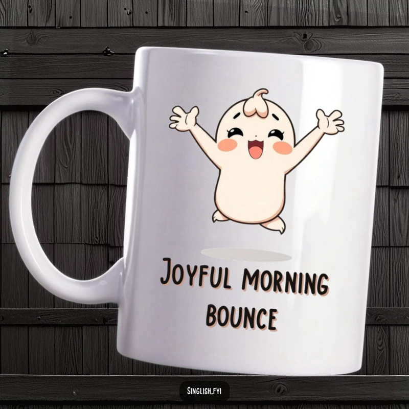 Funny mug with a character doing a happy hop with arms thrown wide, expressing pure joy and excitement.