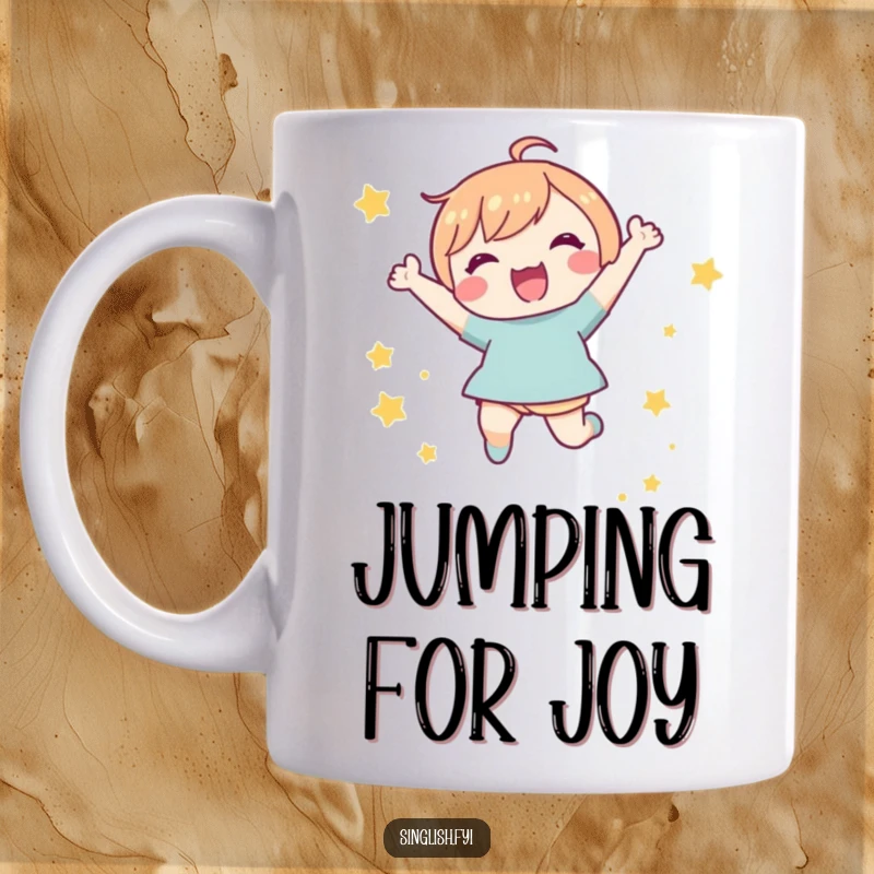 Funny Star Jump Mug: A cute character leaping joyfully in the air, surrounded by twinkling stars, full of fun and energy.